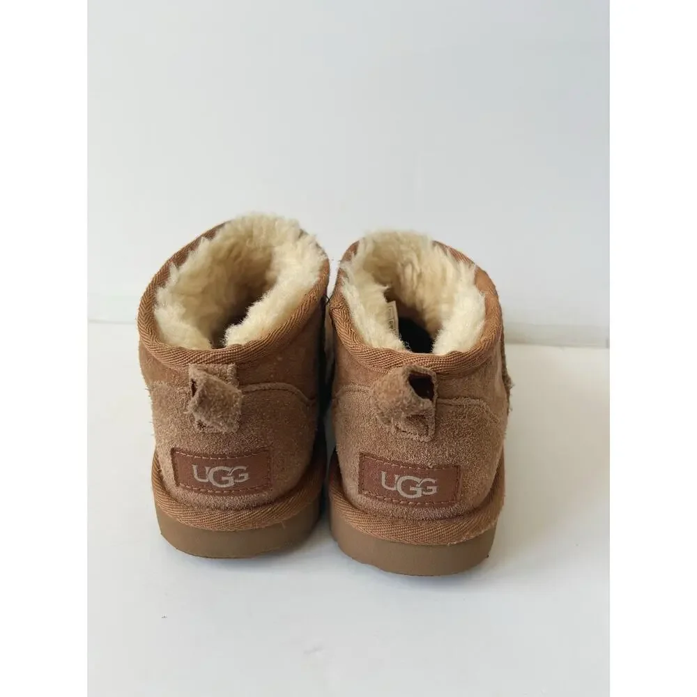 UGG Shearling Boots Kids Size 3 Brown Suede Lined Ankle Pull On Winter Cozy
